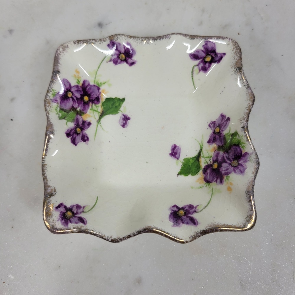 James Kent Longton Country Violets Trinket Dish Bone China Square Gold Trim 3090